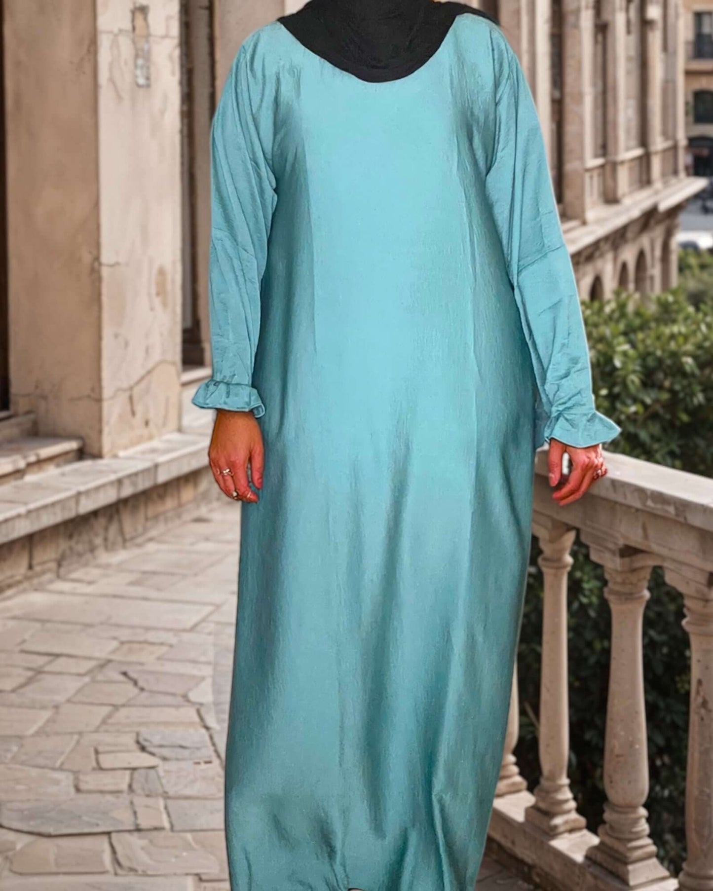 Aqua Crepe Silk Abaya with Ruffle Cuffs and Pockets – Luxurious Elegance