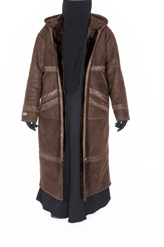 Unisex Suede Farwa Coat with Fur Lining & Hood Brown