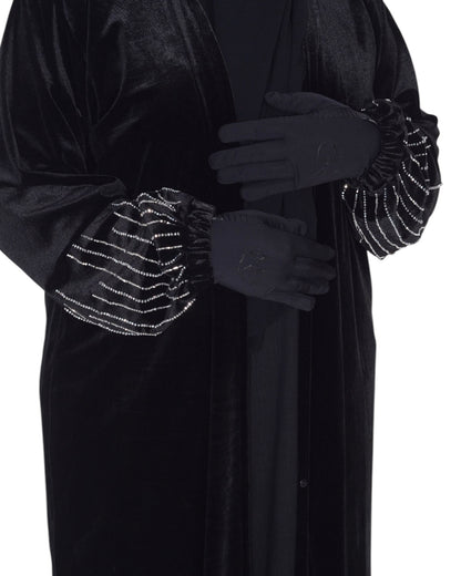 Velvet Balloon Sleeve Abaya with Beaded Stone Detailing