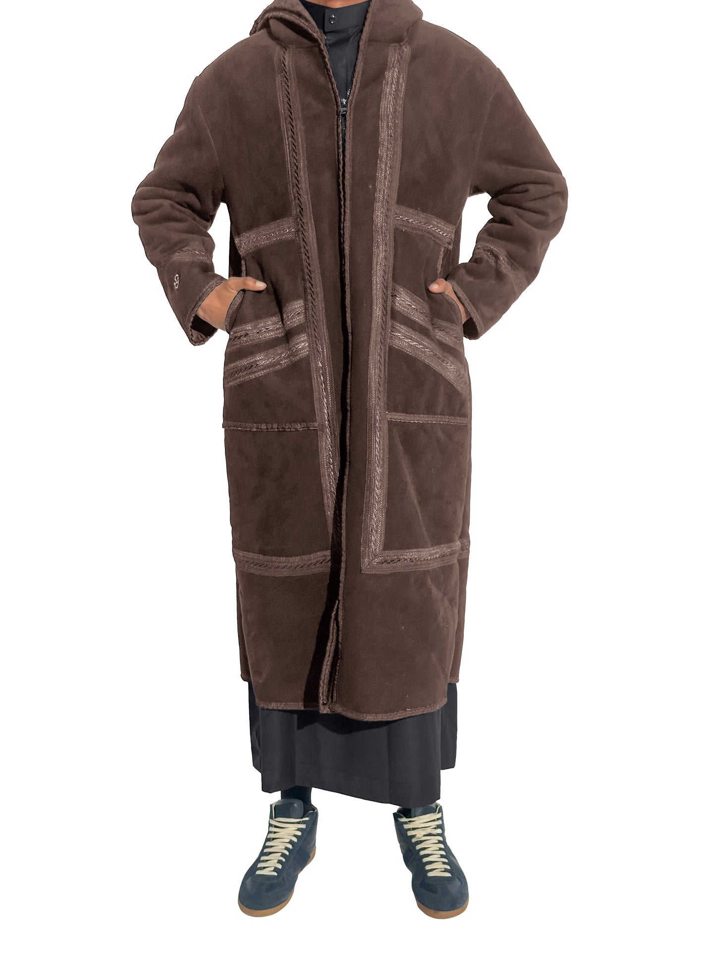 Unisex Suede Farwa Coat with Fur Lining & Hood Brown