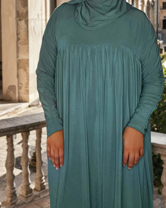 Emerald Green Ruffle Chest ITY Abaya with Matching Sheila – Elegant and Comfortable Modesty