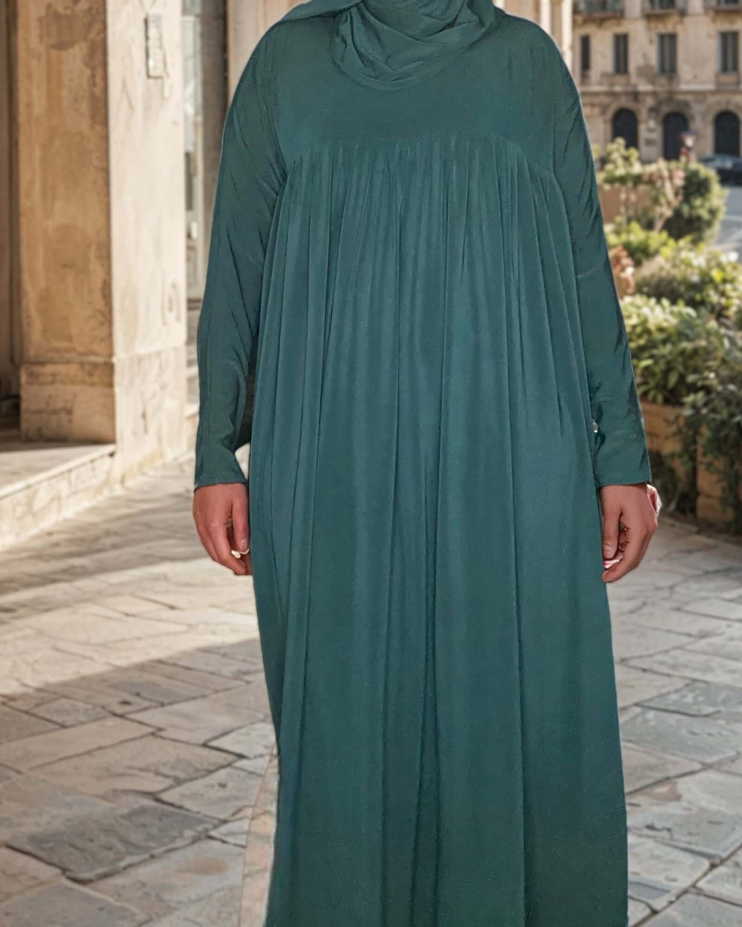 Emerald Green Ruffle Chest ITY Abaya with Matching Sheila – Elegant and Comfortable Modesty