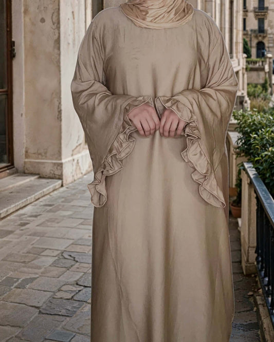 Tan Crepe Silk Abaya with Ruffle Cuffs and Pockets – Luxurious Elegance