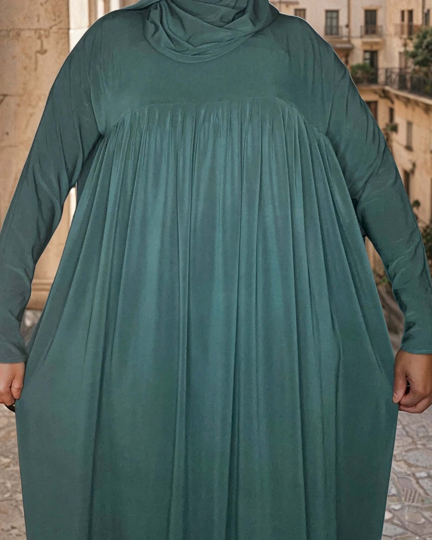 Emerald Green Ruffle Chest ITY Abaya with Matching Sheila – Elegant and Comfortable Modesty