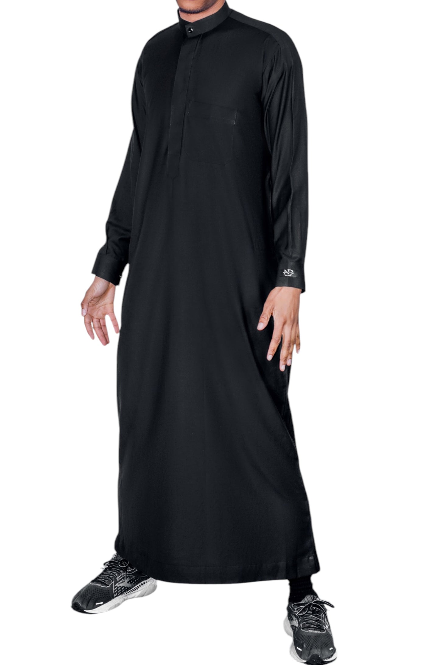 Black Saudi Collar Thobe with Black & Silver Snap Buttons