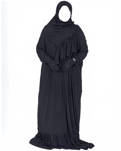 Ruffle Trim Cotton Jersey Prayer Dress with Attached Hijab