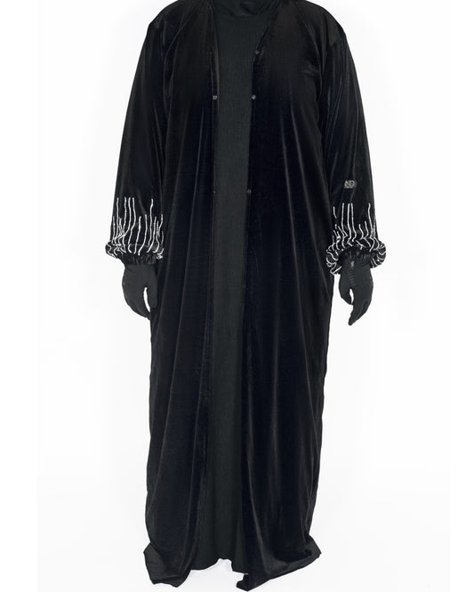 Velvet Balloon Sleeve Abaya with Beaded Stone Detailing