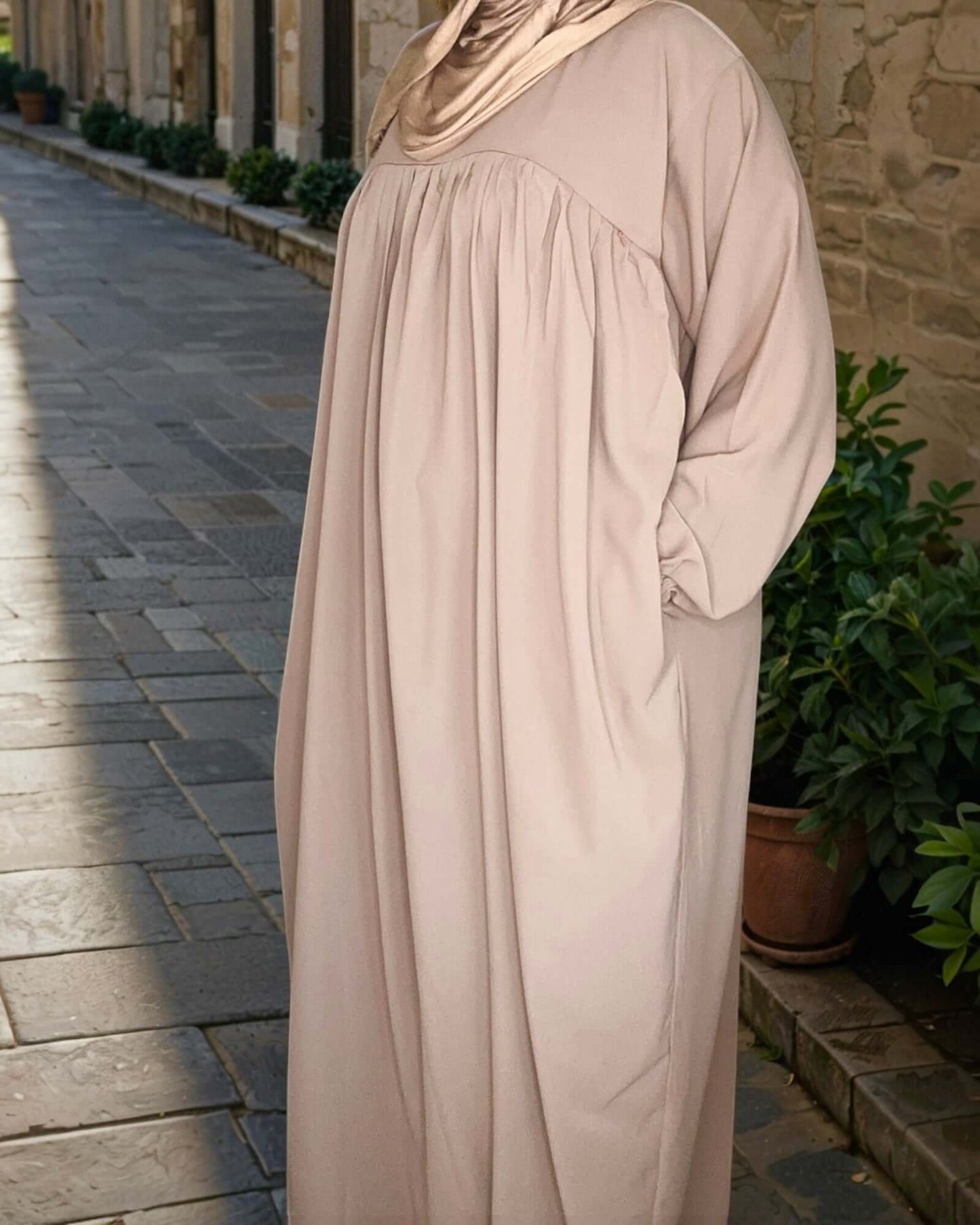 Taupe Medina Silk Nursing Abaya with Balloon Sleeves and Pockets – Flowy, Lightweight, Ultimate Coverage