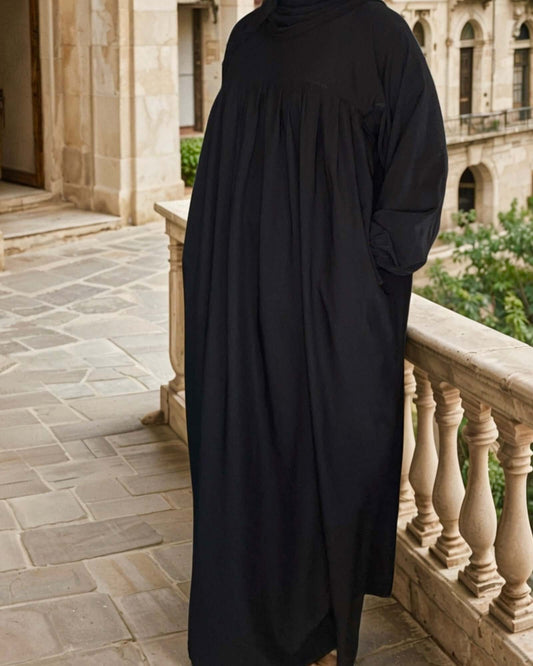 Black Medina Silk Nursing Abaya with Balloon Sleeves and Pockets – Flowy, Lightweight, Ultimate Coverage