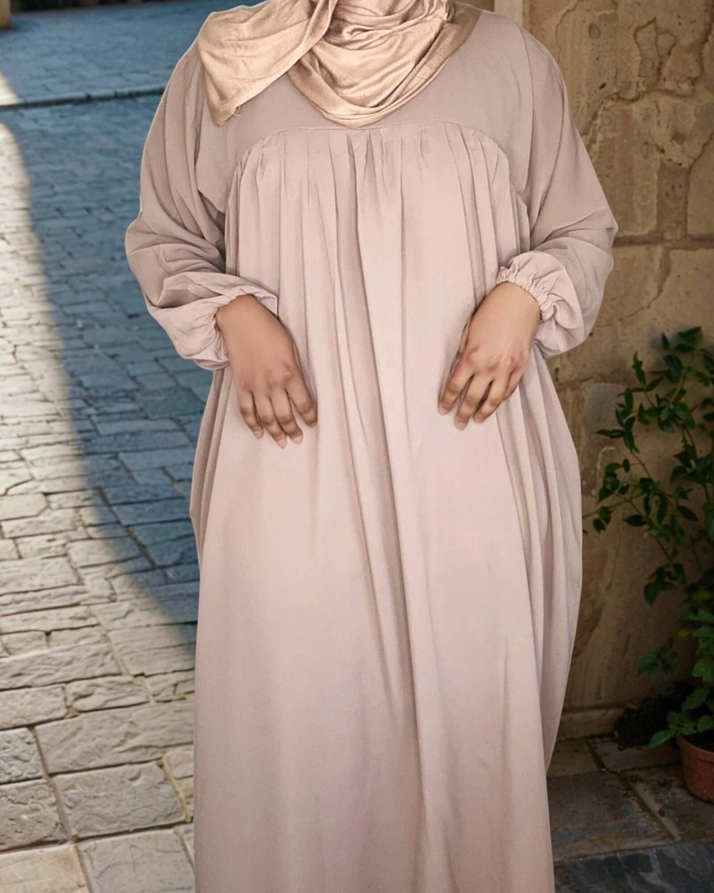 Taupe Medina Silk Nursing Abaya with Balloon Sleeves and Pockets – Flowy, Lightweight, Ultimate Coverage