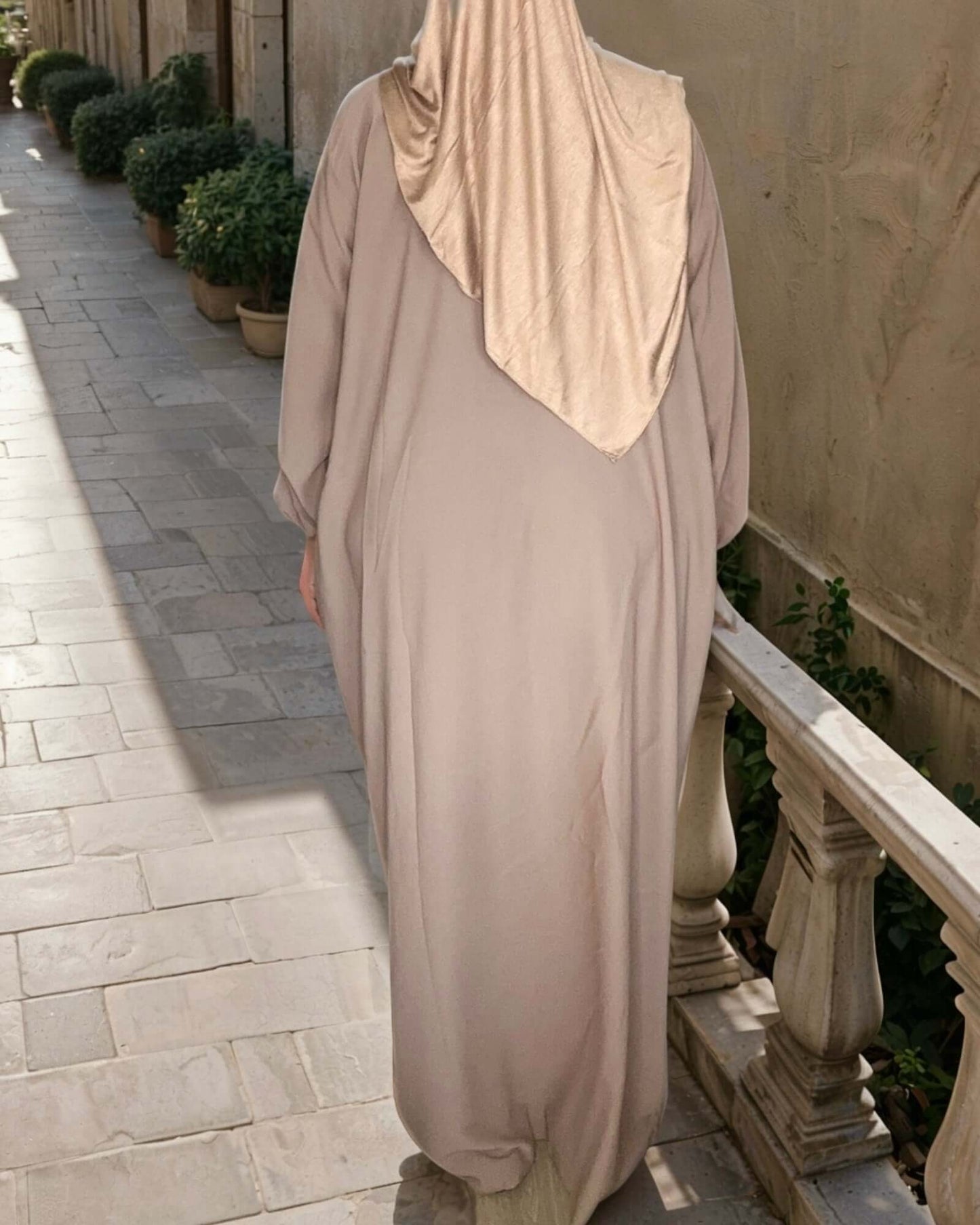 Taupe Medina Silk Nursing Abaya with Balloon Sleeves and Pockets – Flowy, Lightweight, Ultimate Coverage