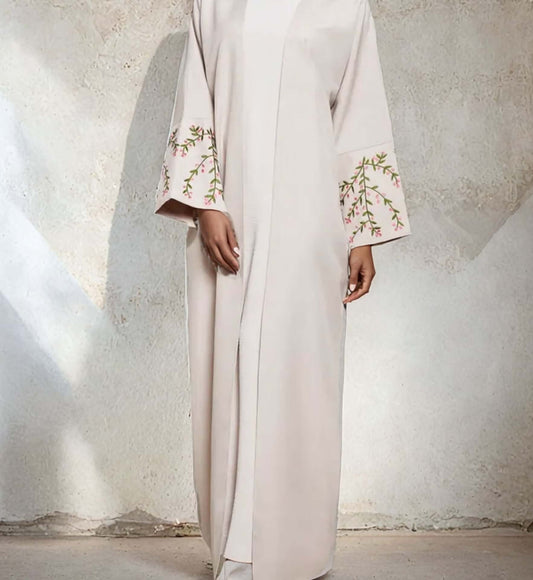 Elegant Linen Open Abaya - Bahrain Style, Embroidered Leaf and Floral Cuff Detail, Modest Fashion