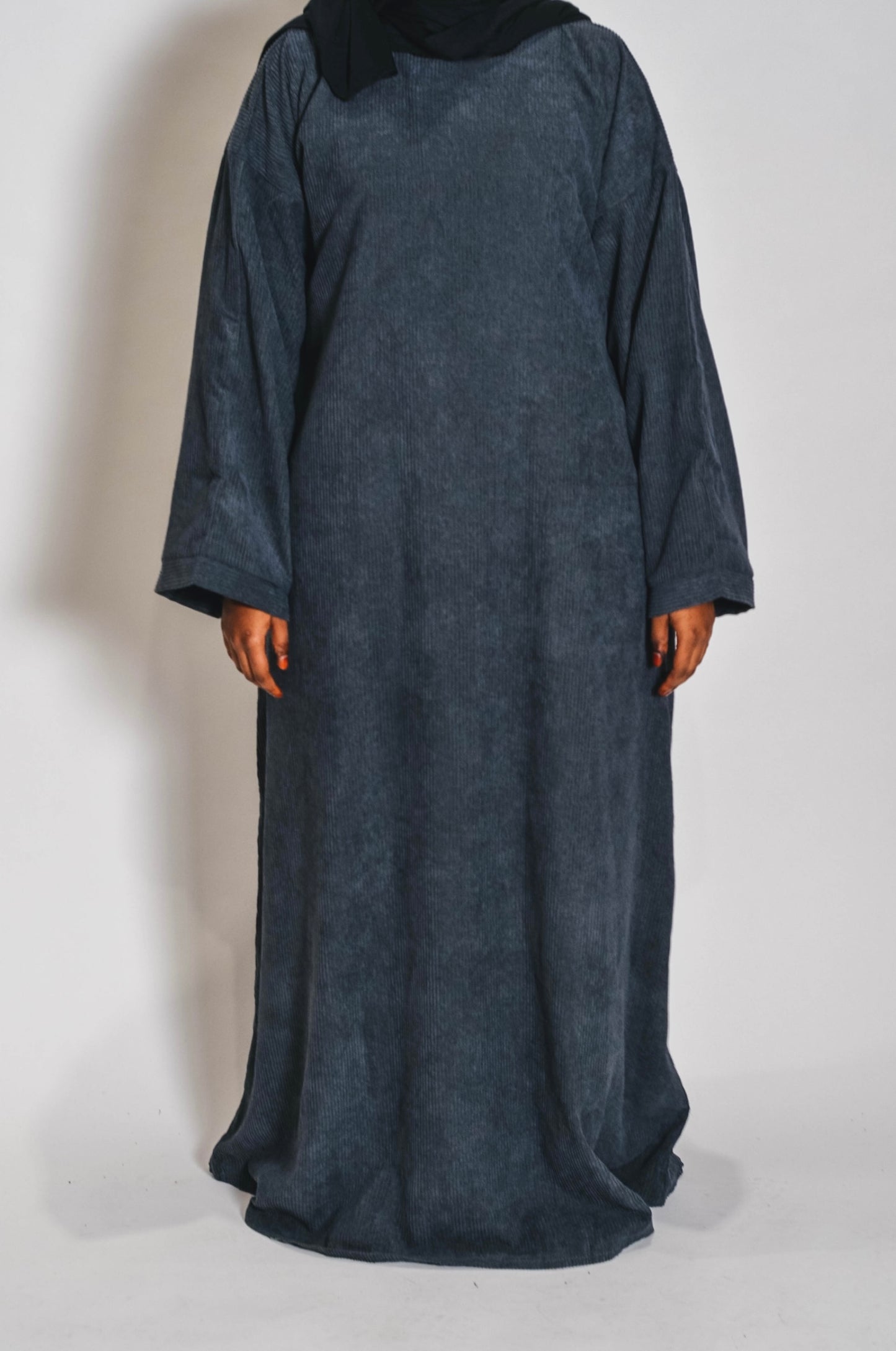 Pre-Order Grey Cozy Corduroy Comfort Abaya for Winter – Warm, Modest, and Stylish with Side Pockets