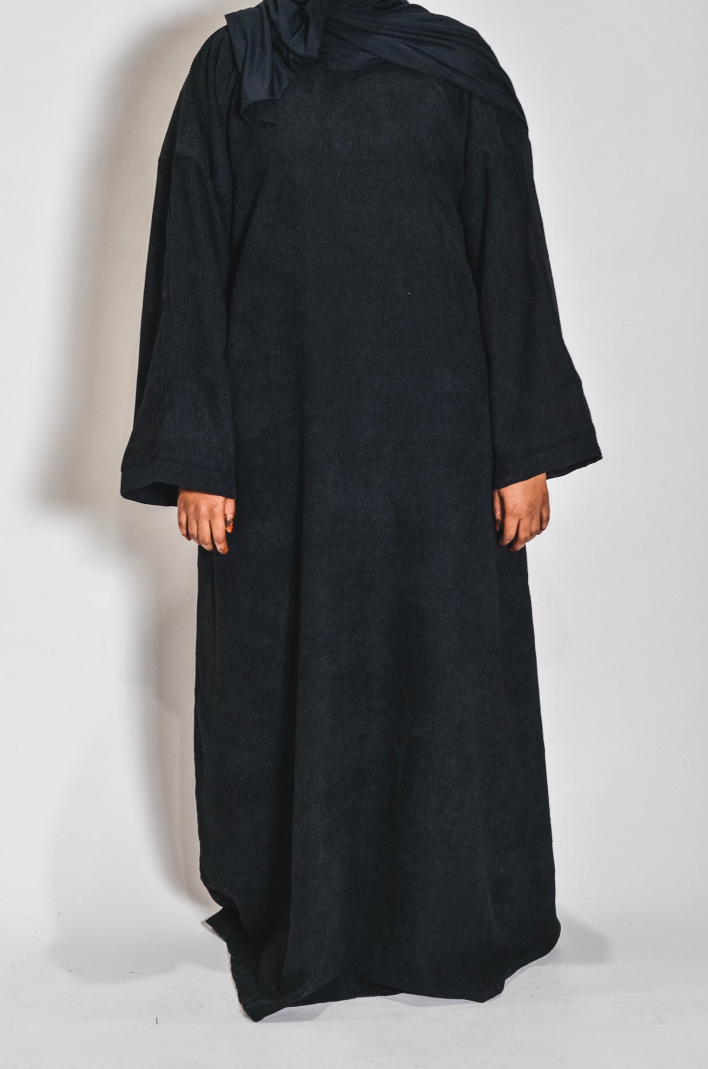 Pre-Order Black Cozy Corduroy Comfort Abaya for Winter – Warm, Modest, and Stylish with Side Pockets