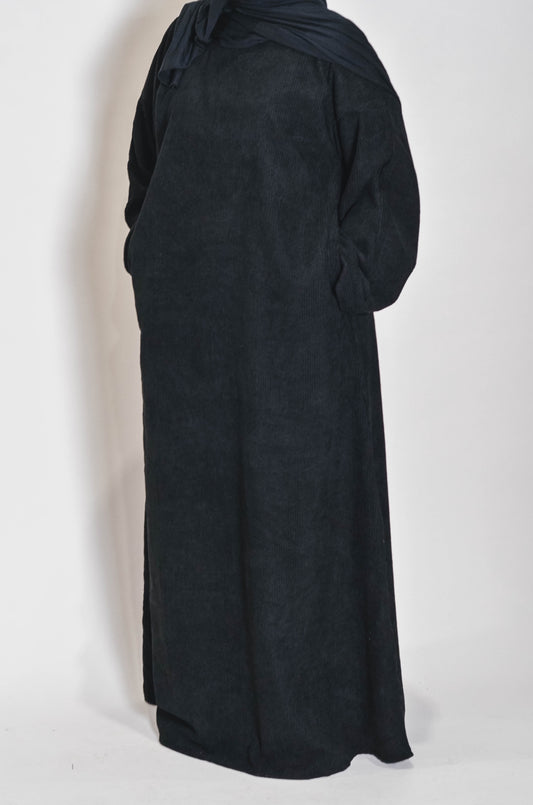 Pre-Order Black Cozy Corduroy Comfort Abaya for Winter – Warm, Modest, and Stylish with Side Pockets