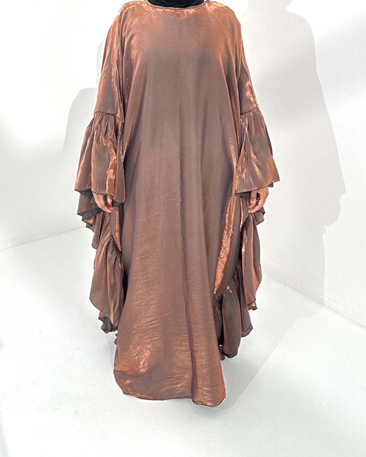 Brown SilkFlutter Ruffle Abaya – Shiny Silk, Elegant Ruffles, Modest Butterfly Design