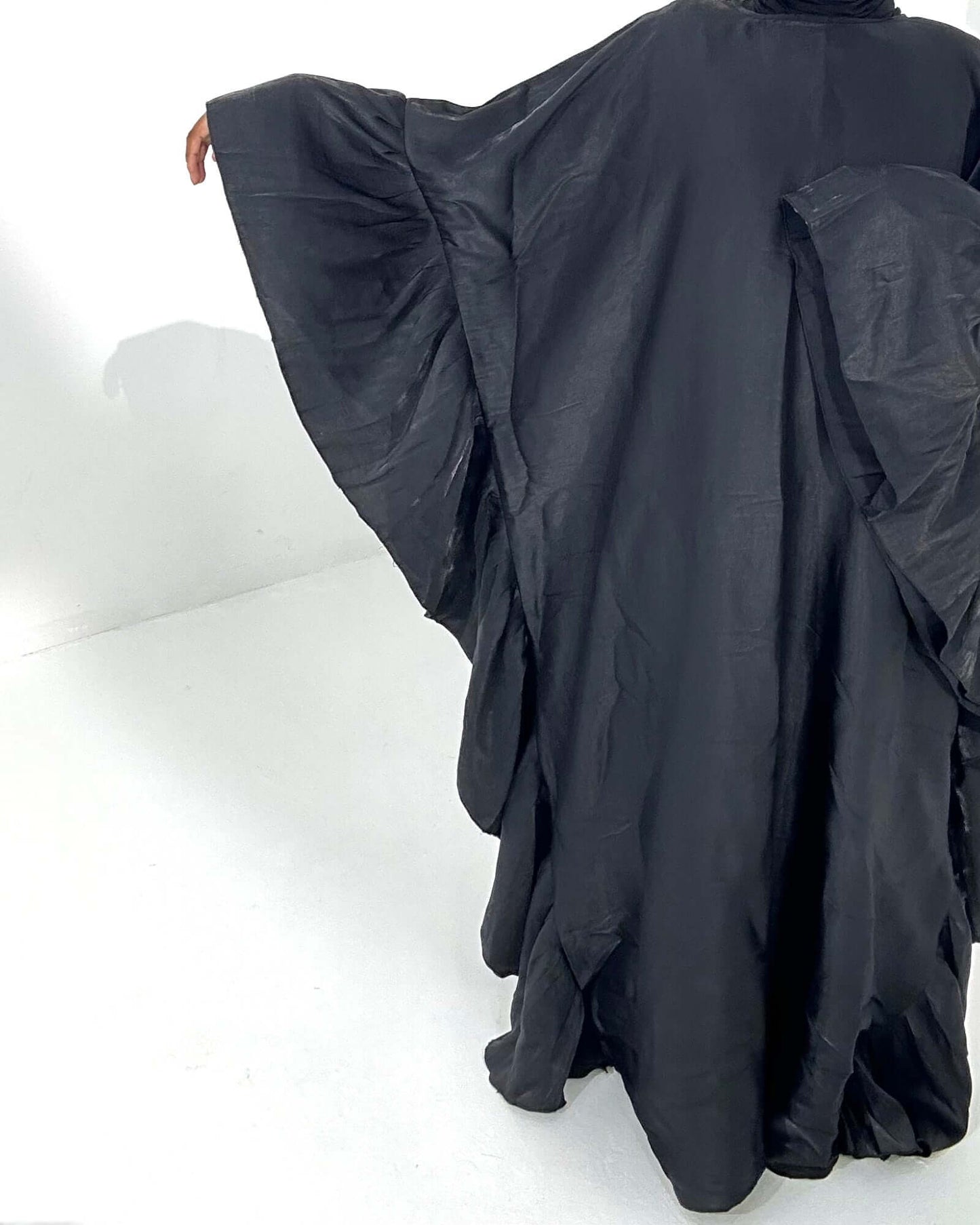 Black SilkFlutter Ruffle Abaya – Shiny Silk, Elegant Ruffles, Modest Butterfly Design