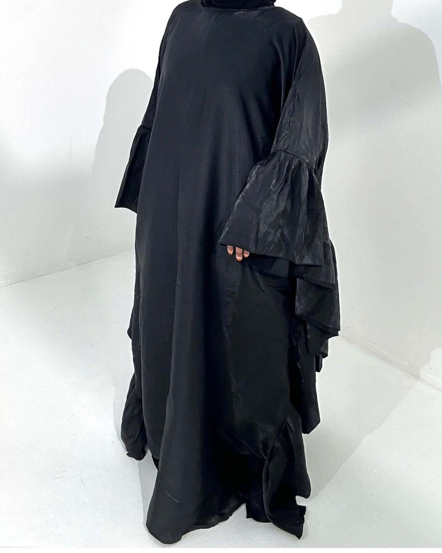 Black SilkFlutter Ruffle Abaya – Shiny Silk, Elegant Ruffles, Modest Butterfly Design