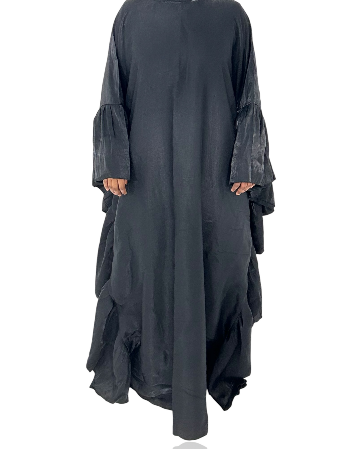 Black SilkFlutter Ruffle Butterfly Abaya