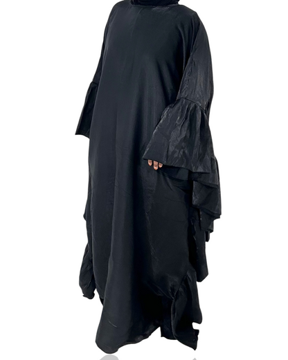 Black SilkFlutter Ruffle Butterfly Abaya