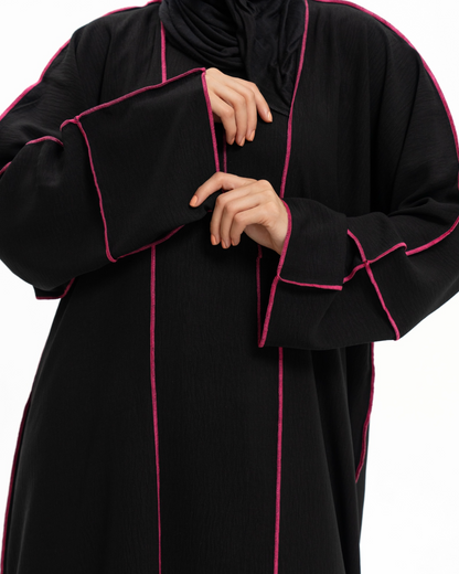 Black with Pink Contrast Stitch Abaya Set