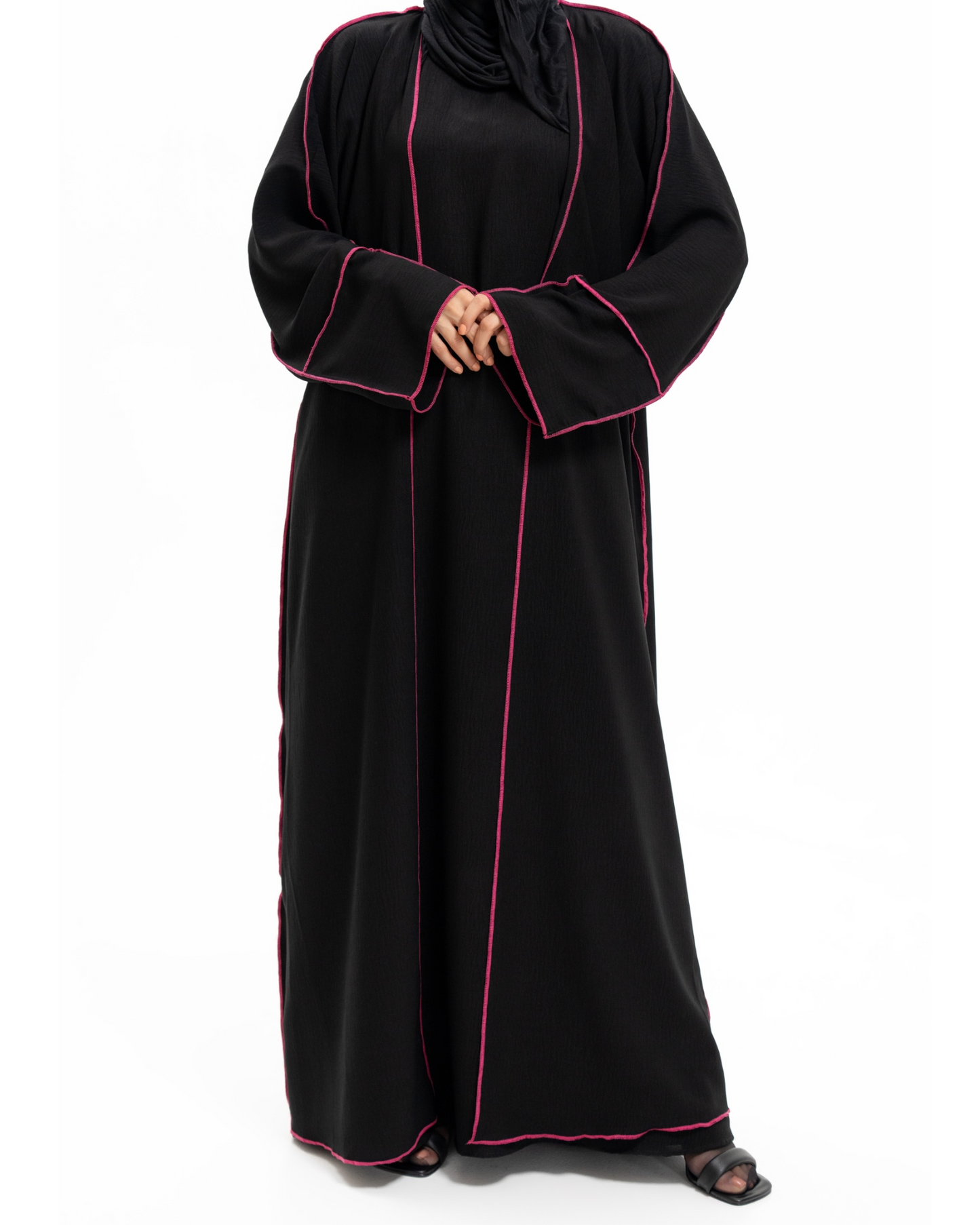 Black with Pink Contrast Stitch Abaya Set