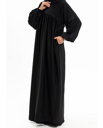 Black Medina Silk Nursing Abaya with Balloon Sleeves and Pockets