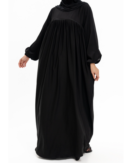 Black Medina Silk Nursing Abaya with Balloon Sleeves and Pockets