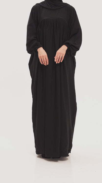 Black Medina Silk Nursing Abaya with Balloon Sleeves and Pockets