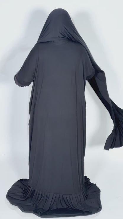 Ruffle Trim Cotton Jersey Prayer Dress with Attached Hijab