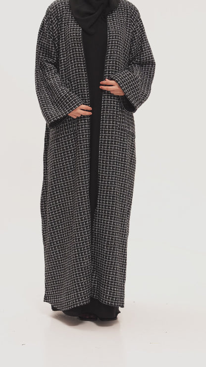 Black and White Tweed Elegance Abaya Coat w/Hijab