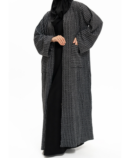 Black and White Tweed Elegance Abaya Coat w/Hijab